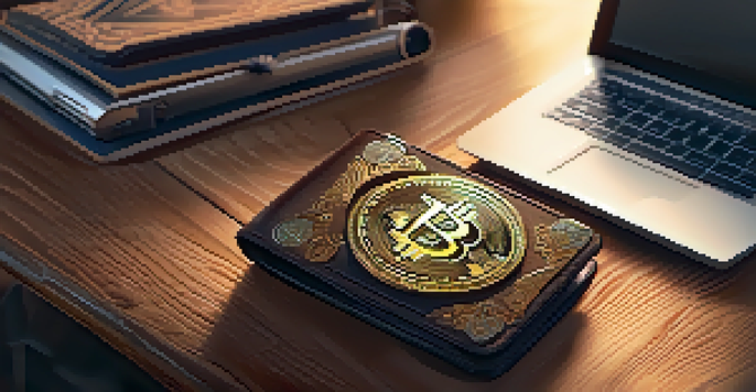 A detailed view of a cryptocurrency wallet on a wooden desk, illuminated by the soft light of a laptop in the background.