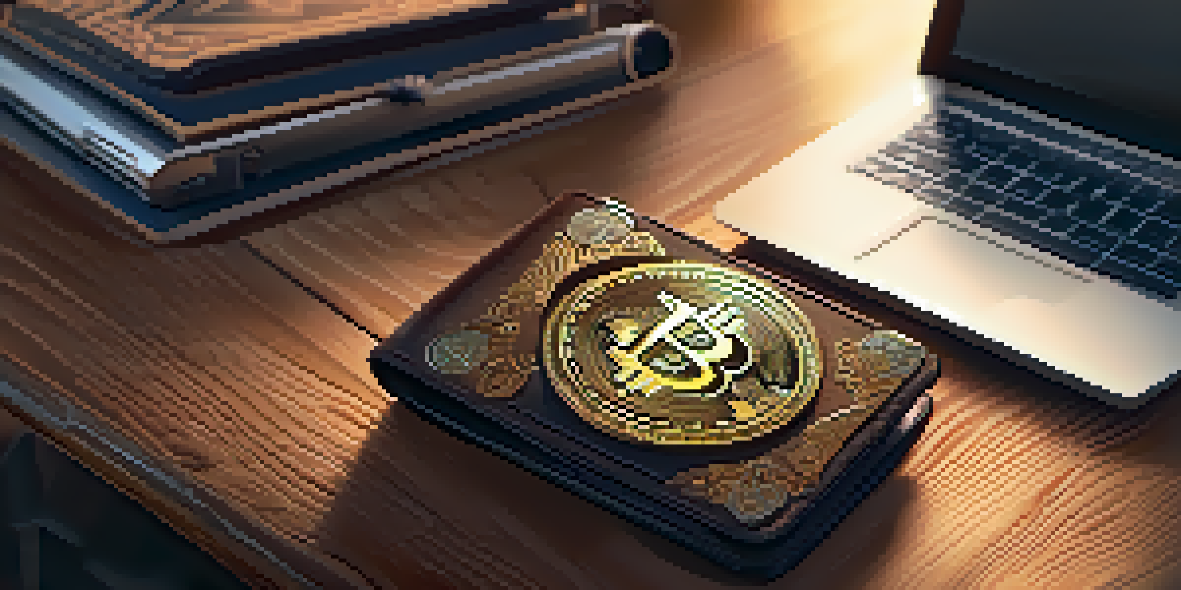 A detailed view of a cryptocurrency wallet on a wooden desk, illuminated by the soft light of a laptop in the background.