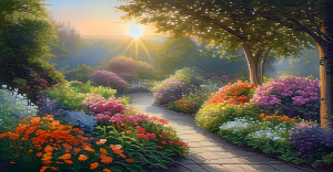 A peaceful garden filled with colorful flowers and plants, illuminated by the soft sunlight of sunrise.