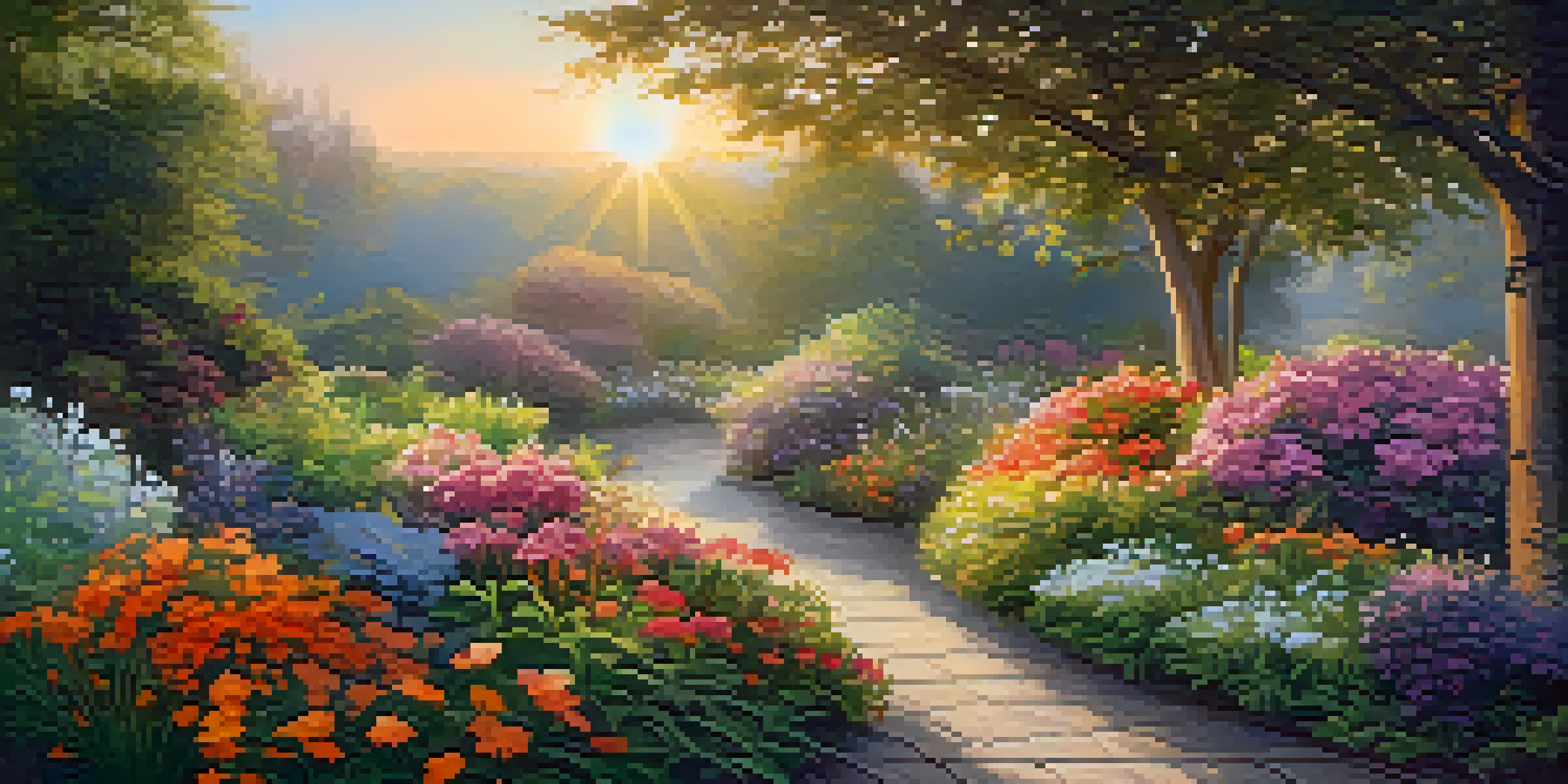 A peaceful garden filled with colorful flowers and plants, illuminated by the soft sunlight of sunrise.