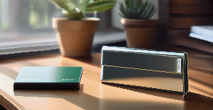 A close-up view of a modern hardware cold wallet on a wooden desk, illuminated by natural light, with a potted plant in the background.