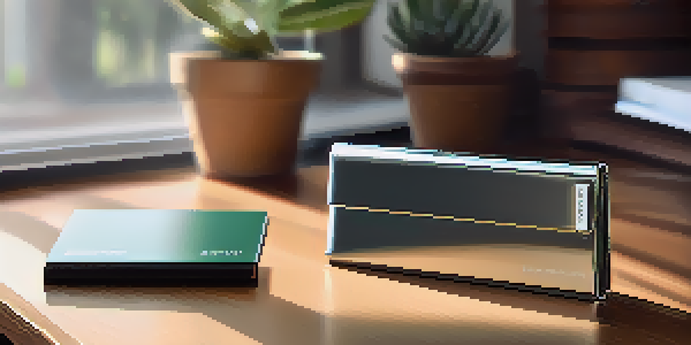 A close-up view of a modern hardware cold wallet on a wooden desk, illuminated by natural light, with a potted plant in the background.