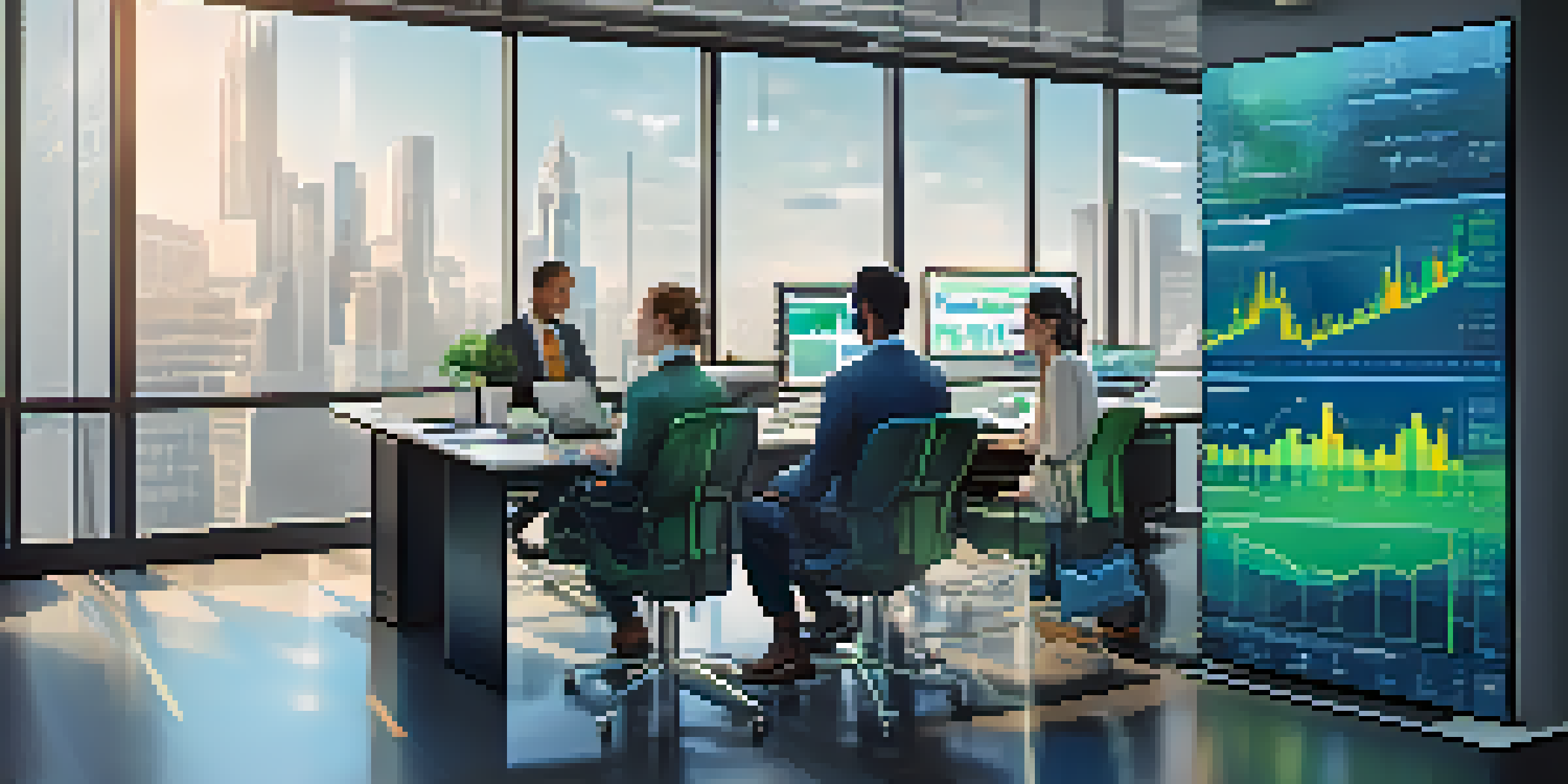 A diverse group of professionals in a modern office discussing cryptocurrency, with digital devices and market trend charts visible.