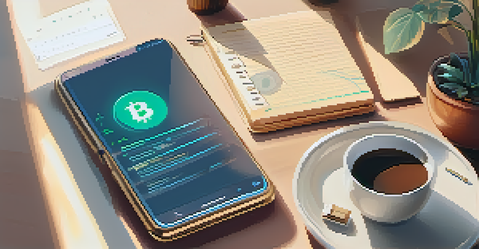 A peaceful workspace with a smartphone showing a cryptocurrency app, a notepad, and a cup of coffee, illuminated by natural light.
