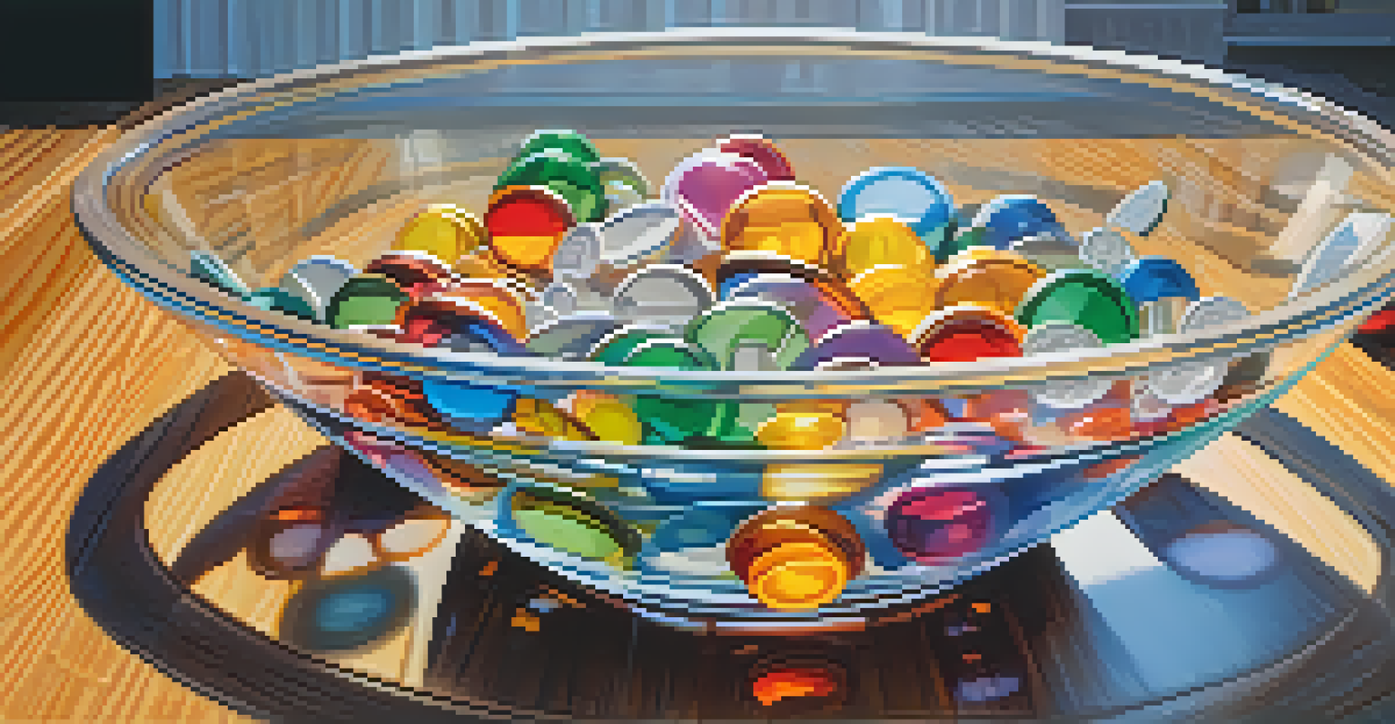 A clear glass bowl filled with colorful tokens representing cryptocurrencies, placed on a wooden table under natural sunlight.