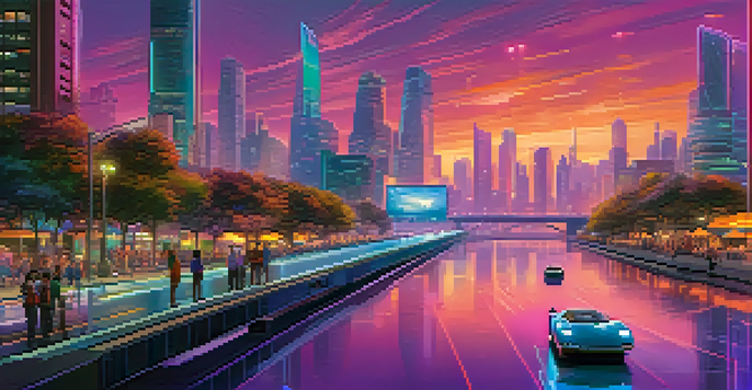 A vibrant futuristic city skyline at dusk, featuring glowing skyscrapers and flying cars, with a river reflecting the colors and a park in the foreground.