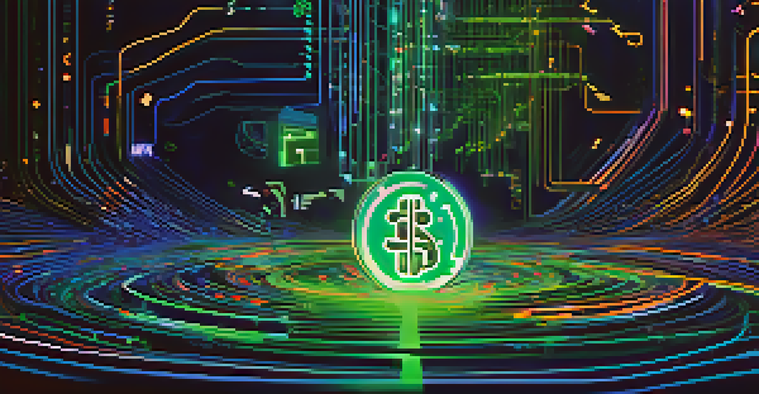 An abstract visualization of quantitative trading with algorithms and digital currency symbols.