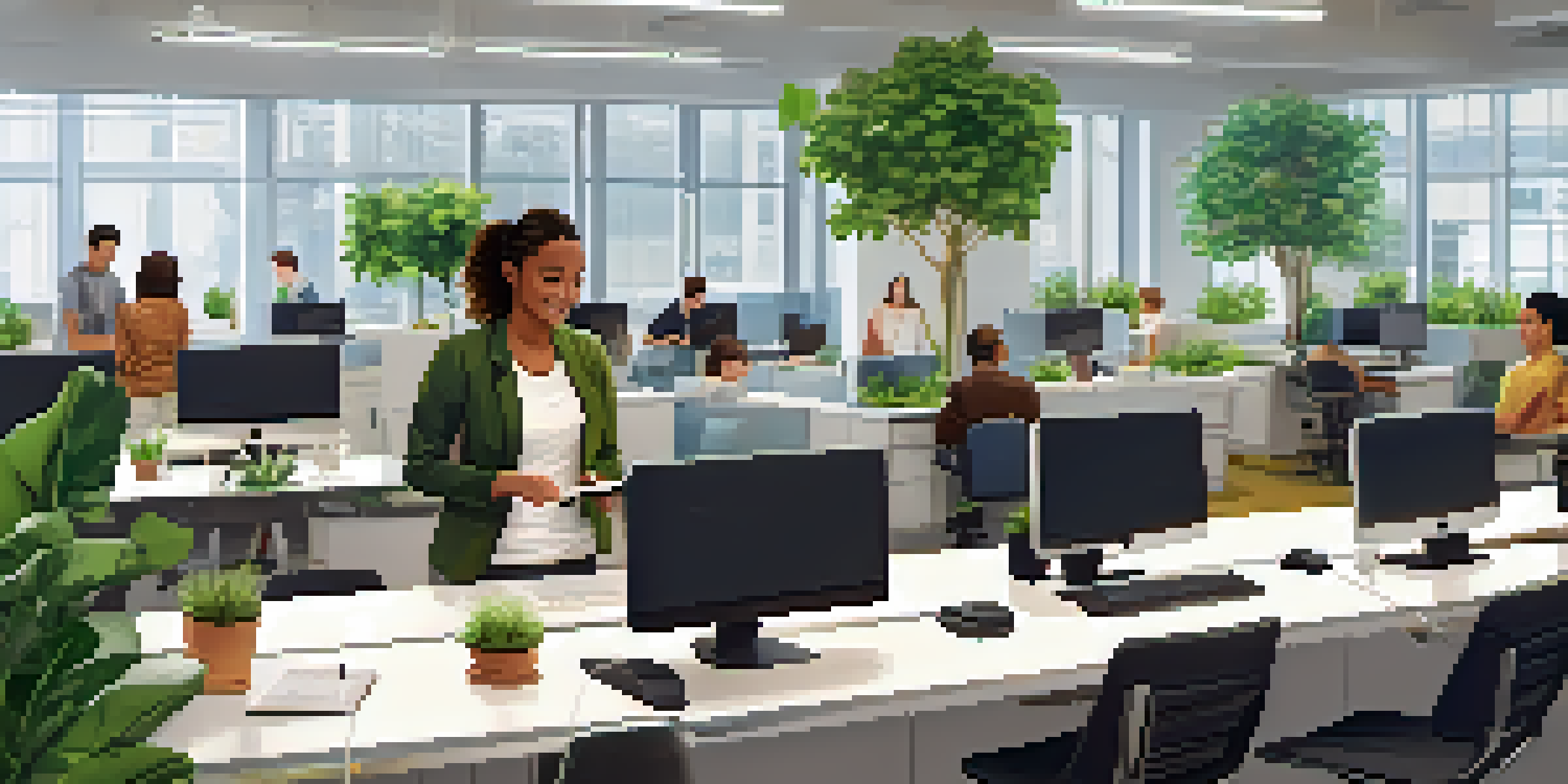 Diverse employees working in a bright office, discussing cryptocurrency payments, with laptops and plants around.