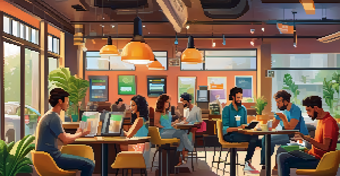 A diverse group of people happily using smartphones and tablets for payments in a bright coffee shop with plants and artwork.