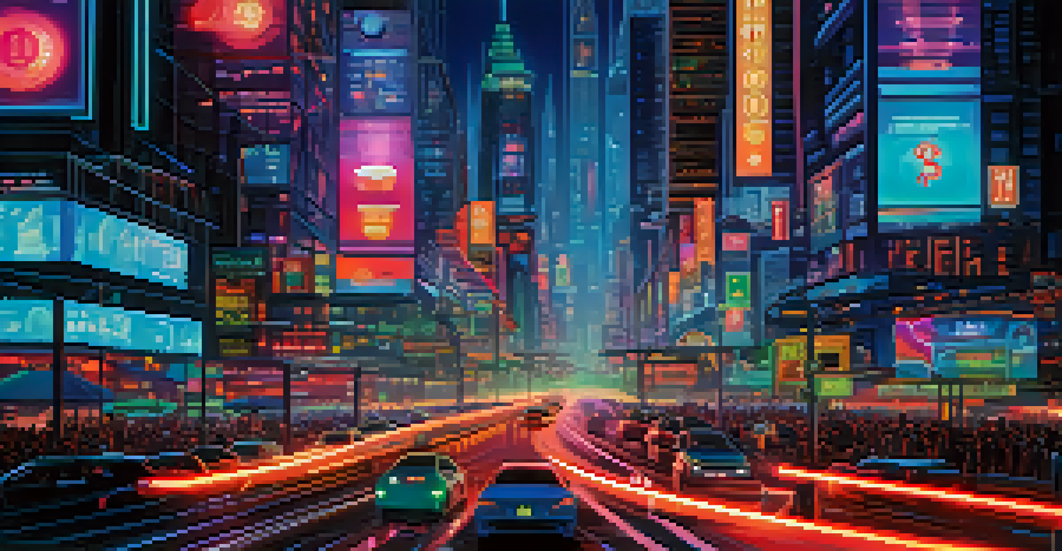 A futuristic cityscape with glowing traffic lights representing automated market makers in the cryptocurrency trading environment.