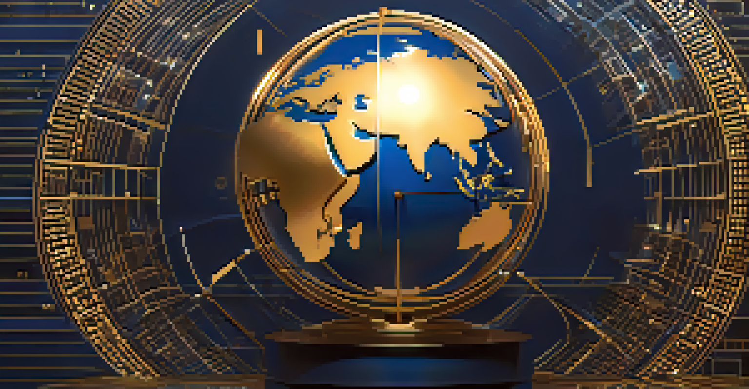 An abstract globe with cryptocurrency symbols and a balance scale against a dark blue and gold background representing global regulation.