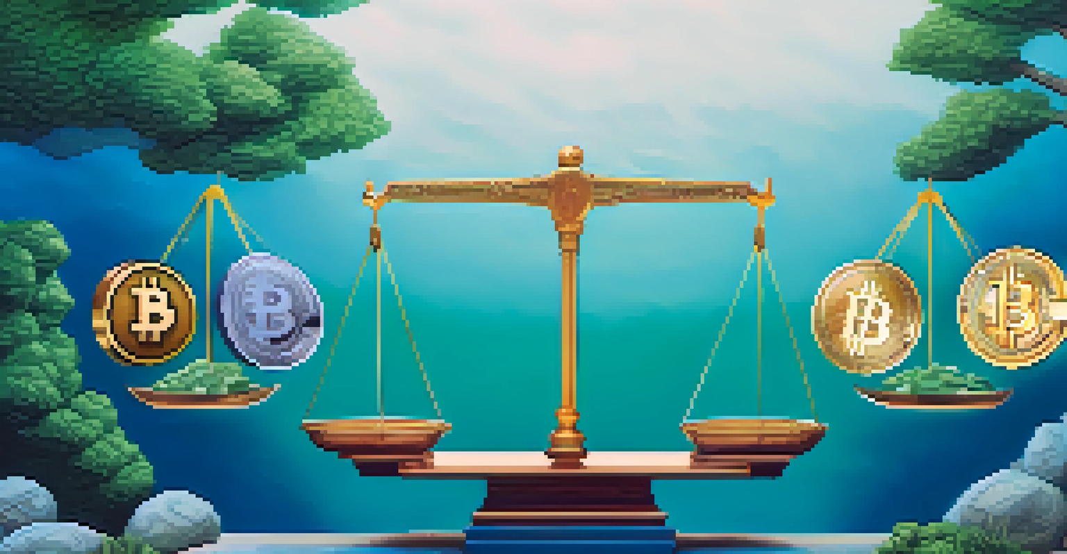 A balanced scale showing cryptocurrencies on one side and traditional assets on the other, set against a harmonious blue and green background.