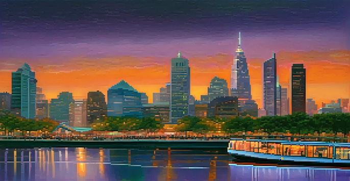 A city skyline at dusk with modern buildings and a river, highlighting people using shared transportation.