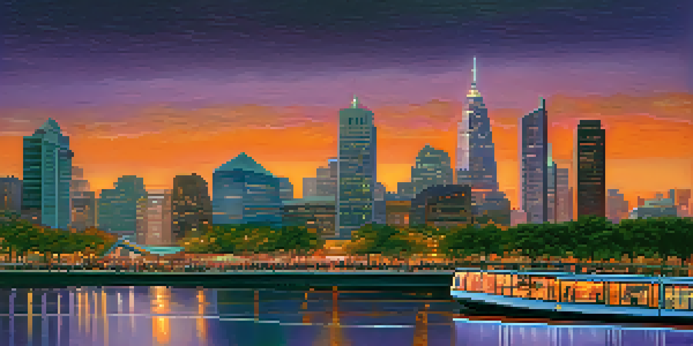 A city skyline at dusk with modern buildings and a river, highlighting people using shared transportation.