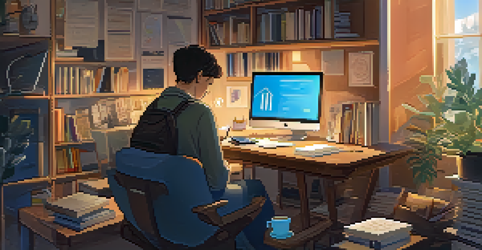 A person studying cryptocurrency material in a home office, using a mobile phone with educational notes around them.