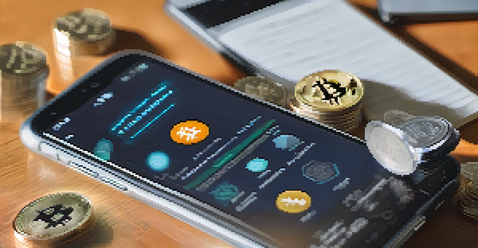 A smartphone showing a cryptocurrency app with physical coins and notes on a table, illuminated by natural light.