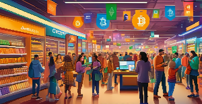 A diverse group of shoppers engaging in e-commerce, using devices to make cryptocurrency payments in a lively marketplace.