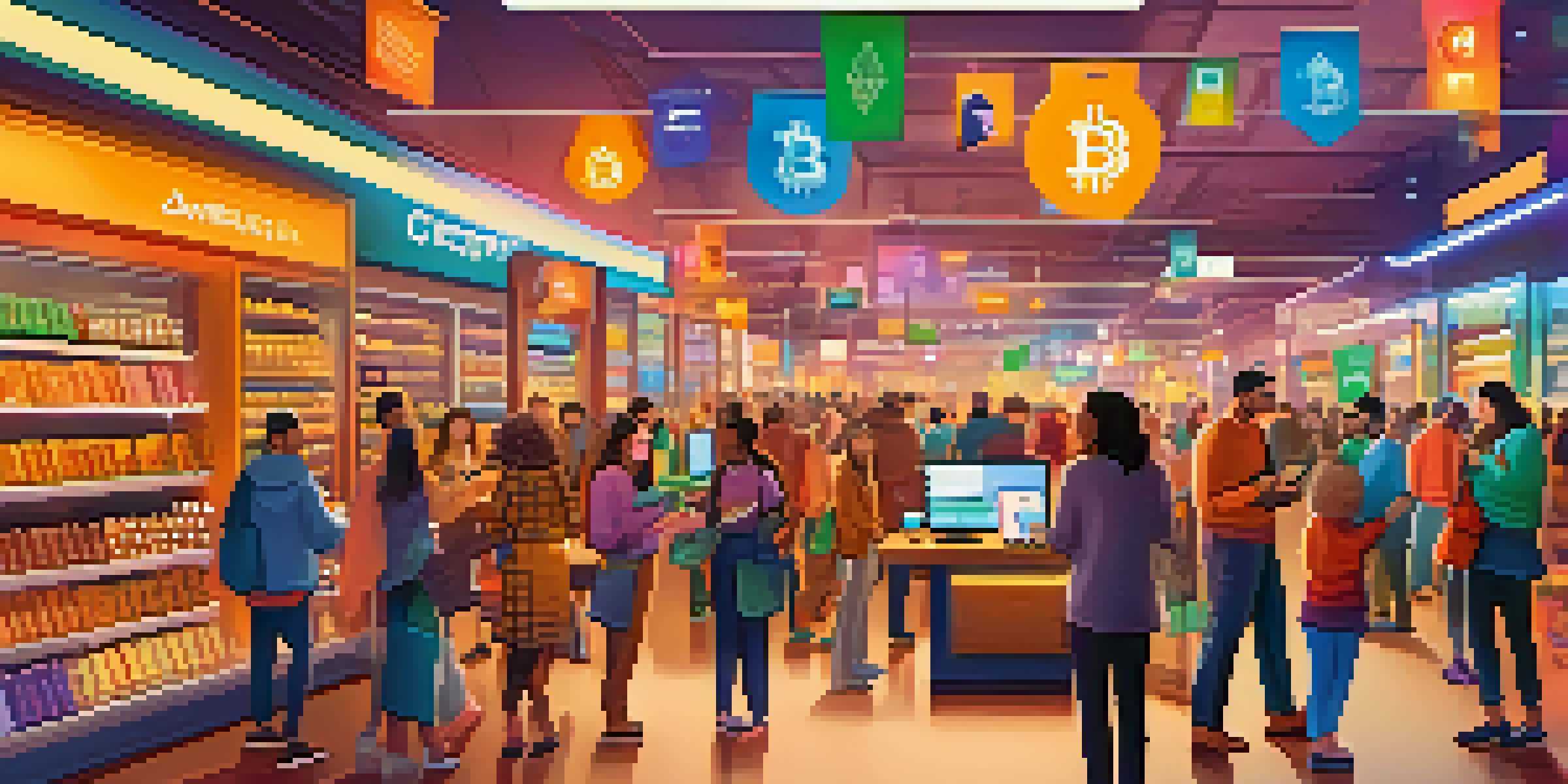 A diverse group of shoppers engaging in e-commerce, using devices to make cryptocurrency payments in a lively marketplace.