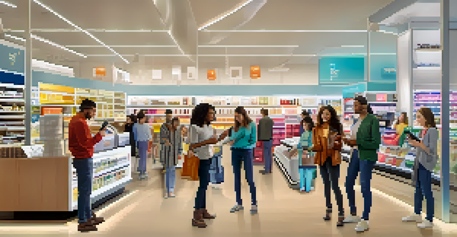 A group of diverse individuals happily using smartphones to make payments in a retail environment.