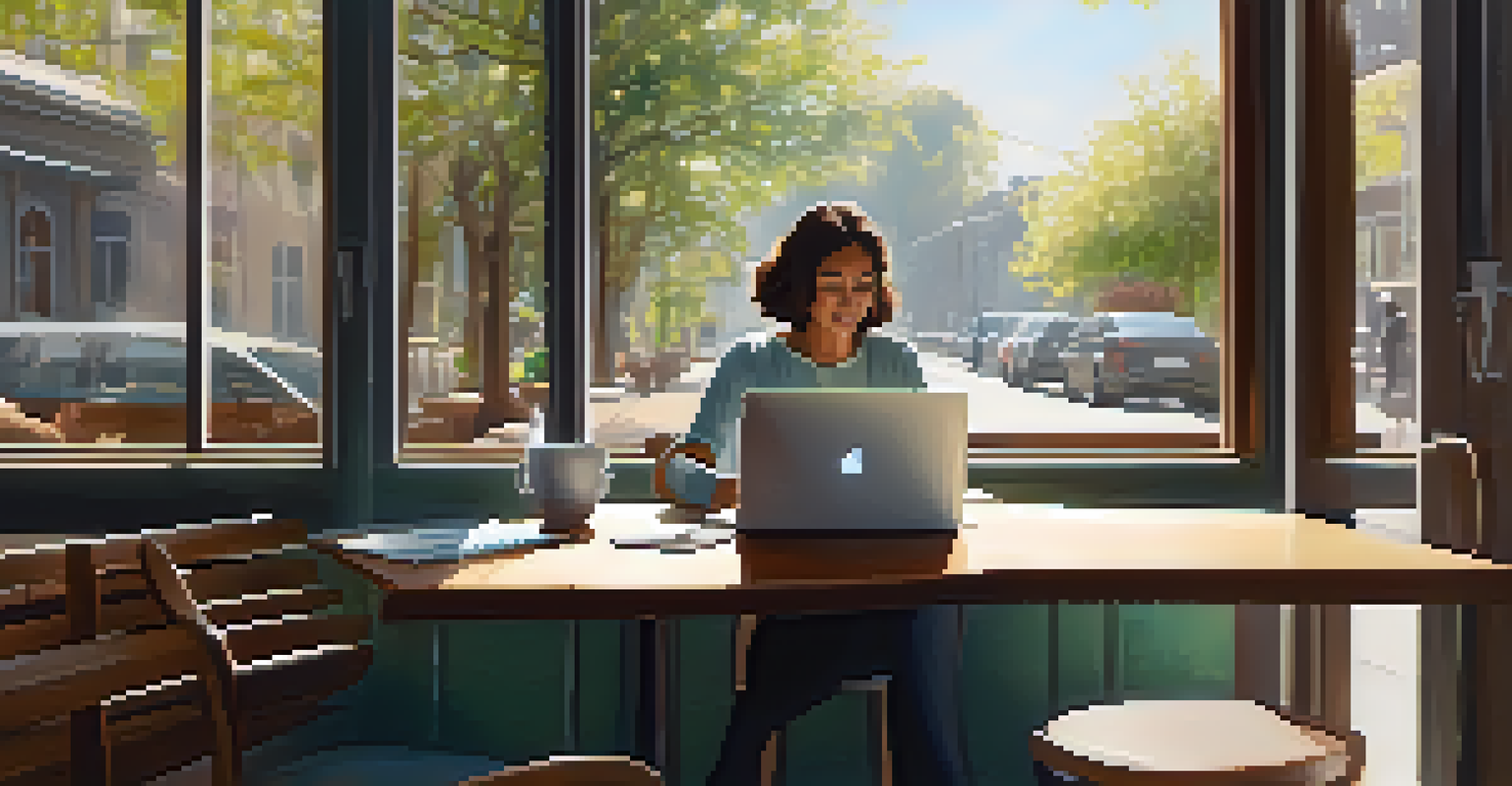 A customer at a café managing finances on a laptop, with coffee and a notepad, illuminated by natural light from the window.
