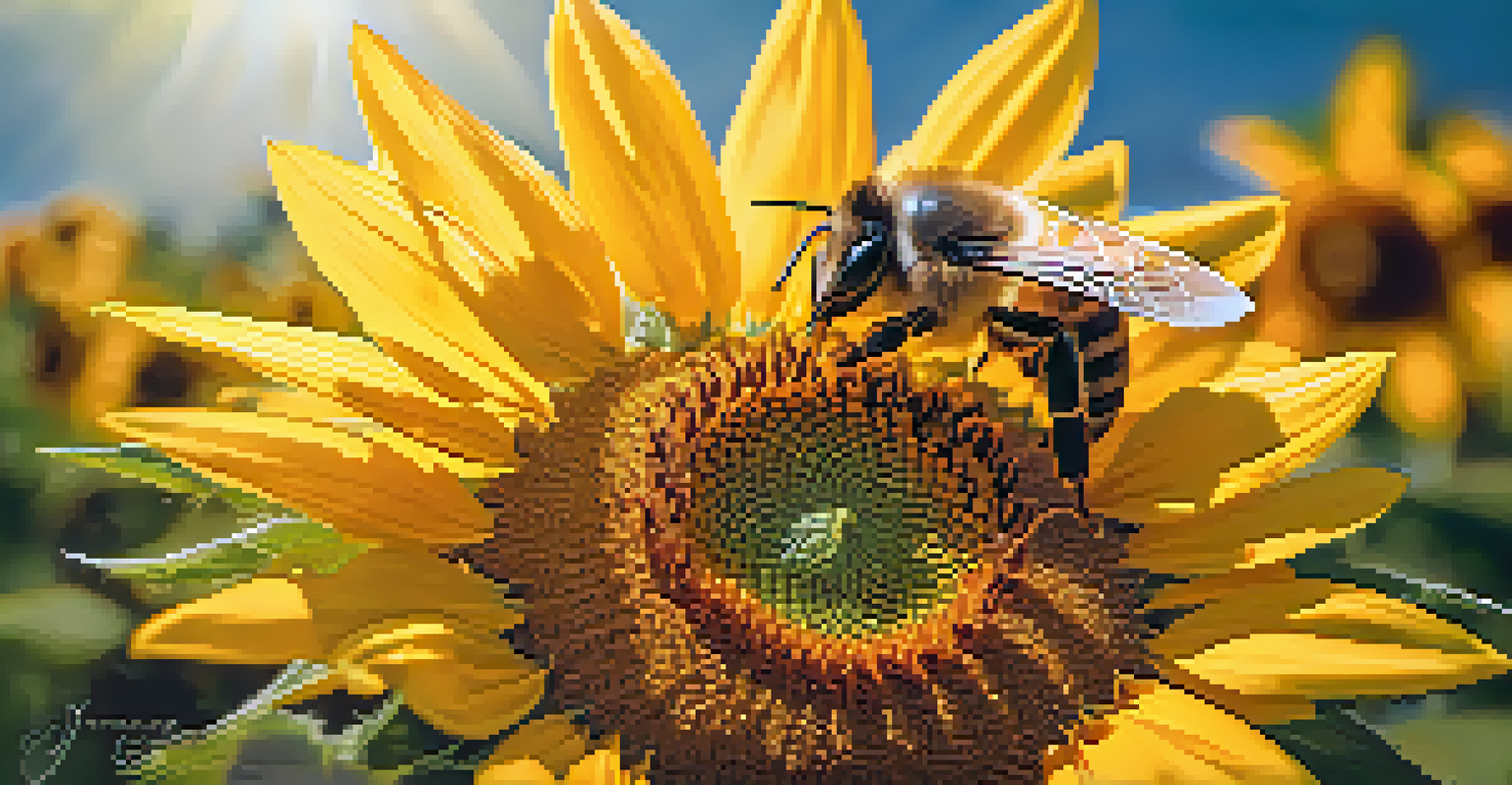 A close-up of a bee on a sunflower, showcasing its details against a blurred background.