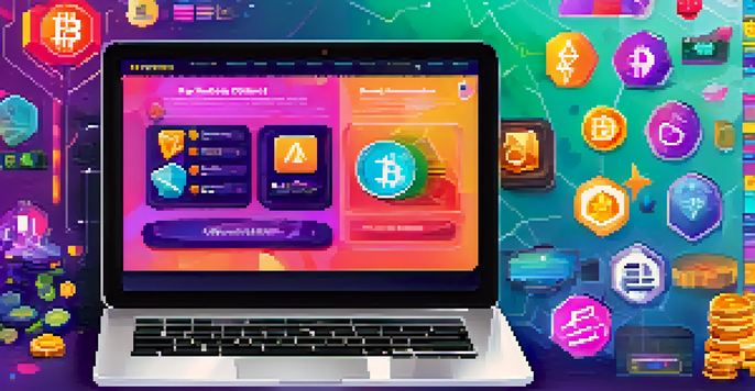 A laptop screen showing a colorful gamified cryptocurrency platform with badges and interactive elements.