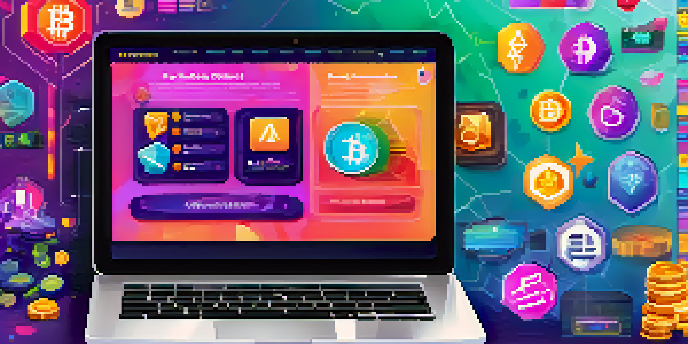 A laptop screen showing a colorful gamified cryptocurrency platform with badges and interactive elements.
