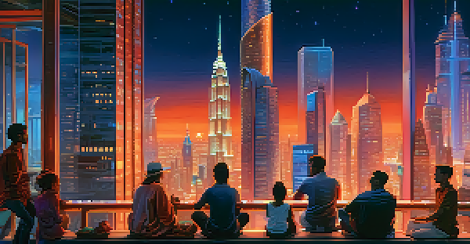 A vibrant futuristic city skyline at dusk, with traditional and modern buildings illuminated by neon lights, and a diverse group of people in the foreground.