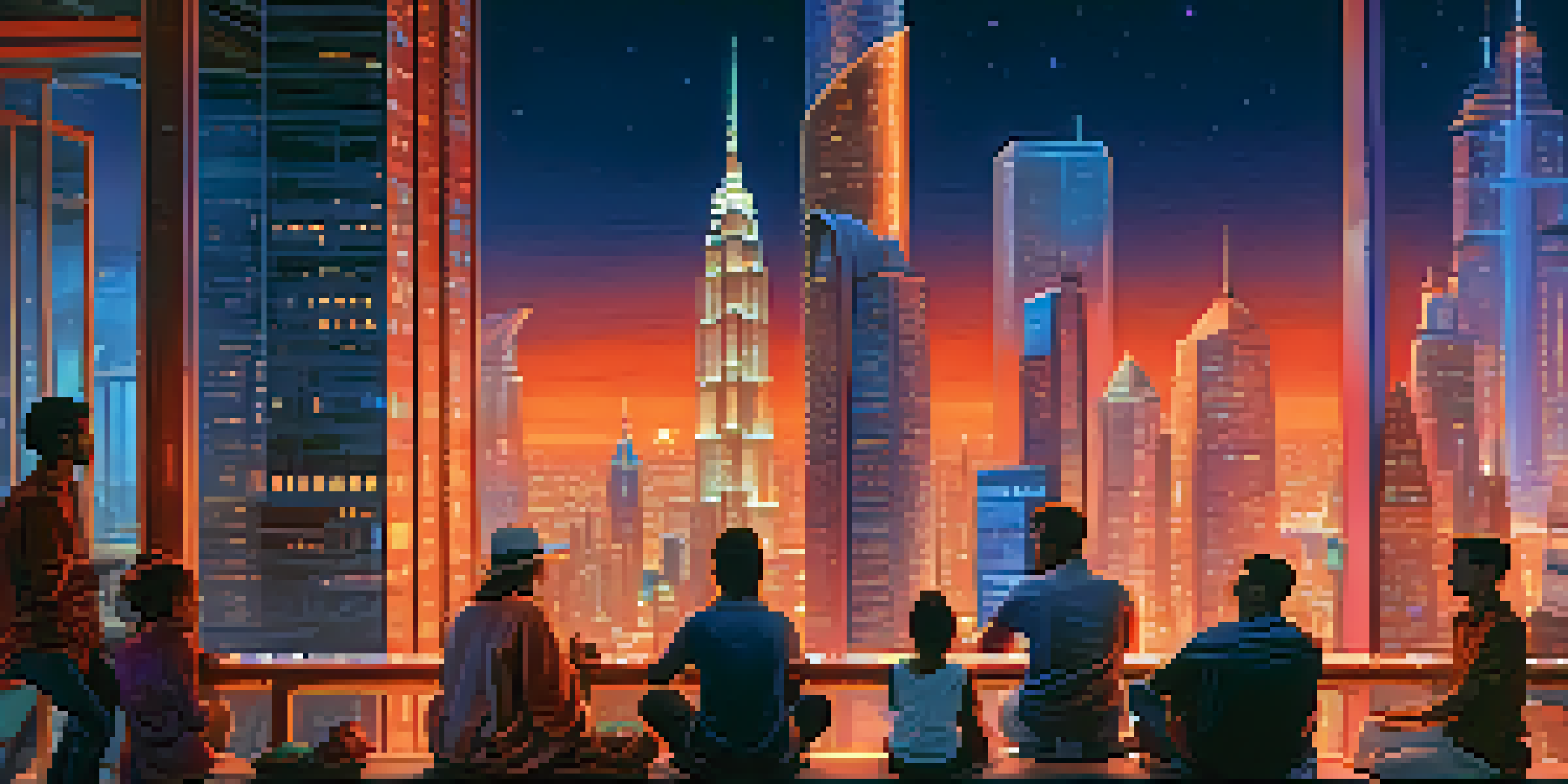 A vibrant futuristic city skyline at dusk, with traditional and modern buildings illuminated by neon lights, and a diverse group of people in the foreground.