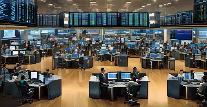 A busy forex trading floor with traders looking at screens showing currency exchange rates and graphs.