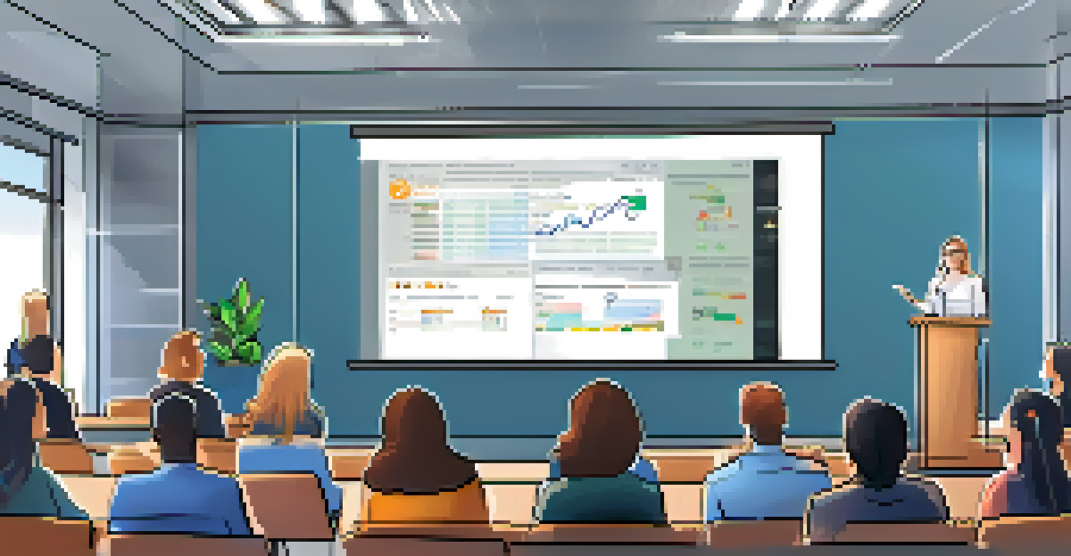A presenter leading an educational webinar on cryptocurrency trading, with a diverse audience in a modern conference room.
