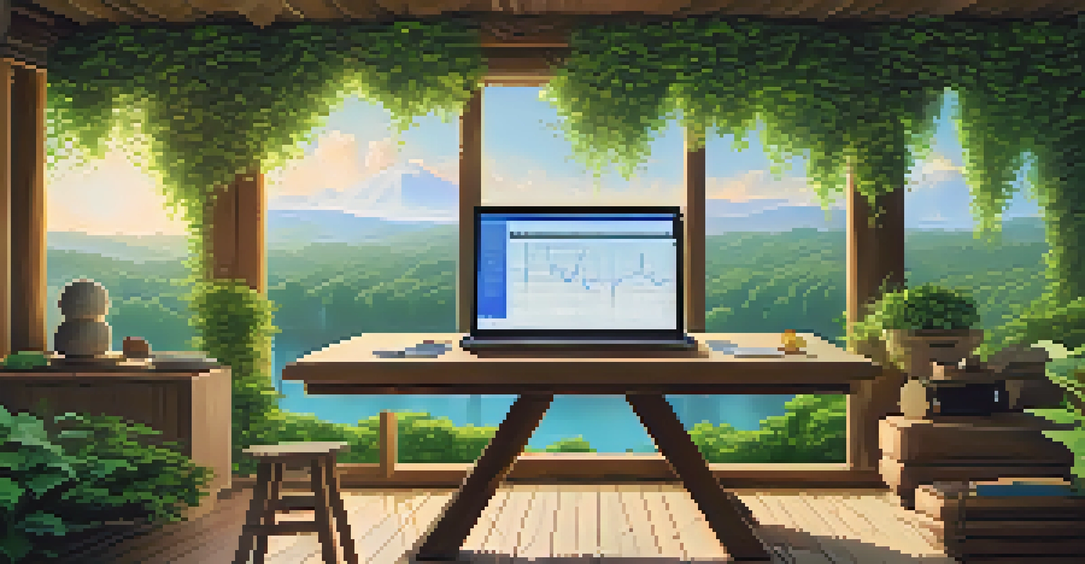 A tranquil outdoor scene with a wooden table and laptop showing cryptocurrency charts, surrounded by greenery and sunlight.