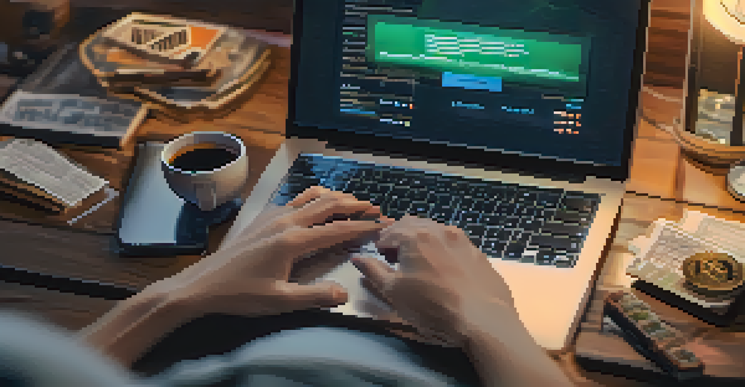 Close-up of a freelancer typing on a laptop with a digital wallet open on the screen, set in a cozy home office.