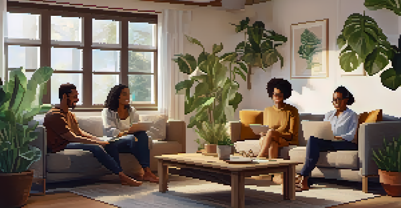 A cozy living room with diverse individuals in a virtual meeting about shared property ownership.