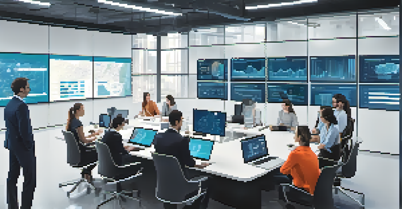 A modern workspace where professionals collaborate on integrating blockchain and IoT technologies, showing teamwork and innovation.