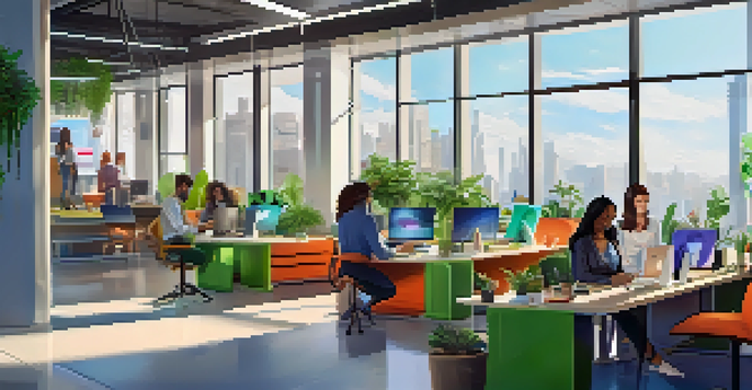 A modern, bright workspace with diverse remote workers collaborating through digital devices and surrounded by plants and colorful decor.