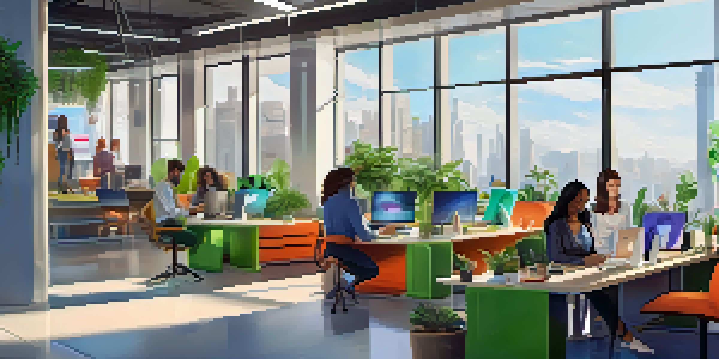 A modern, bright workspace with diverse remote workers collaborating through digital devices and surrounded by plants and colorful decor.