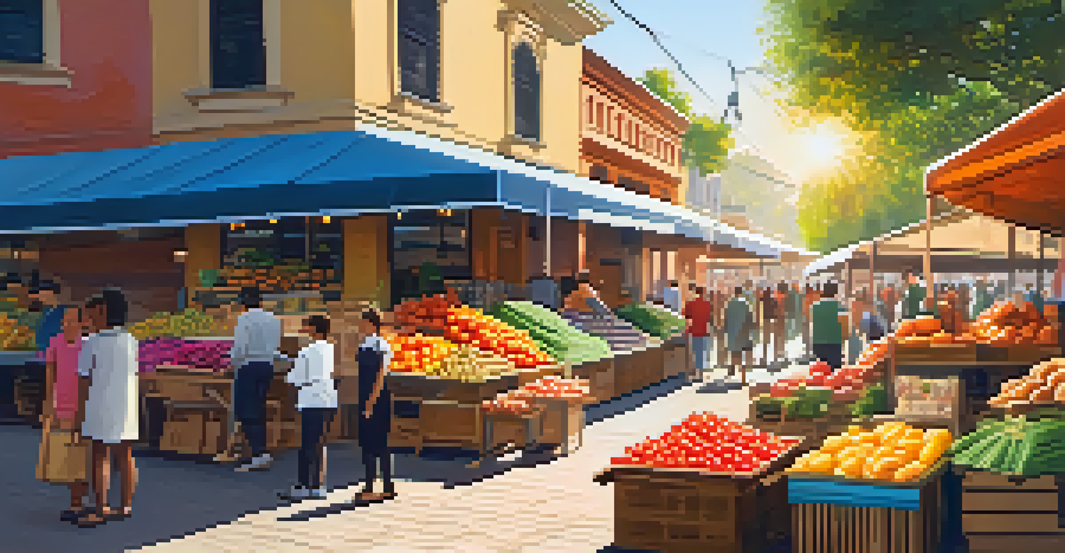 A small business owner at an outdoor market accepting cryptocurrency payments on a smartphone amid colorful stalls.