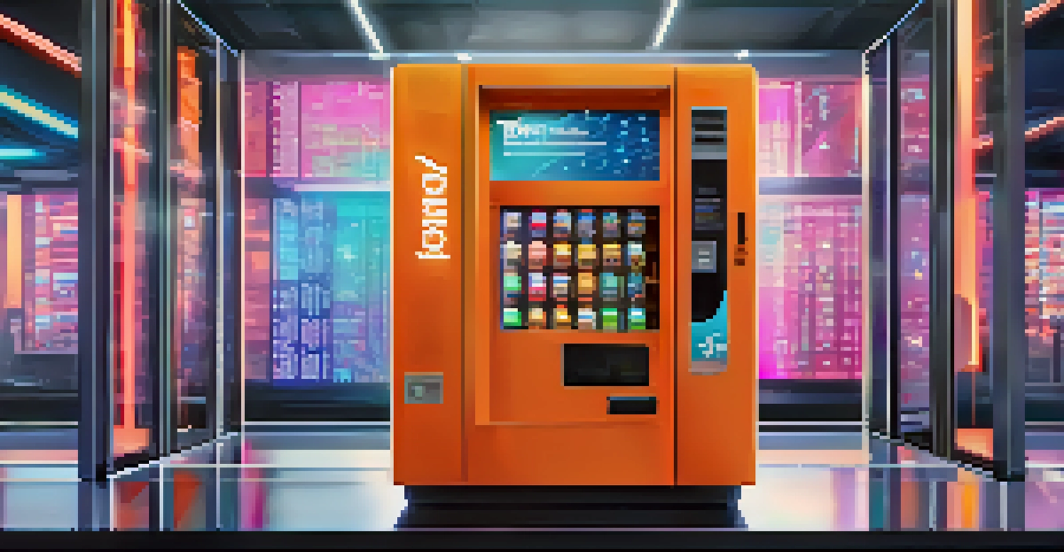 A high-tech vending machine surrounded by screens showing code and financial data, symbolizing smart contracts.