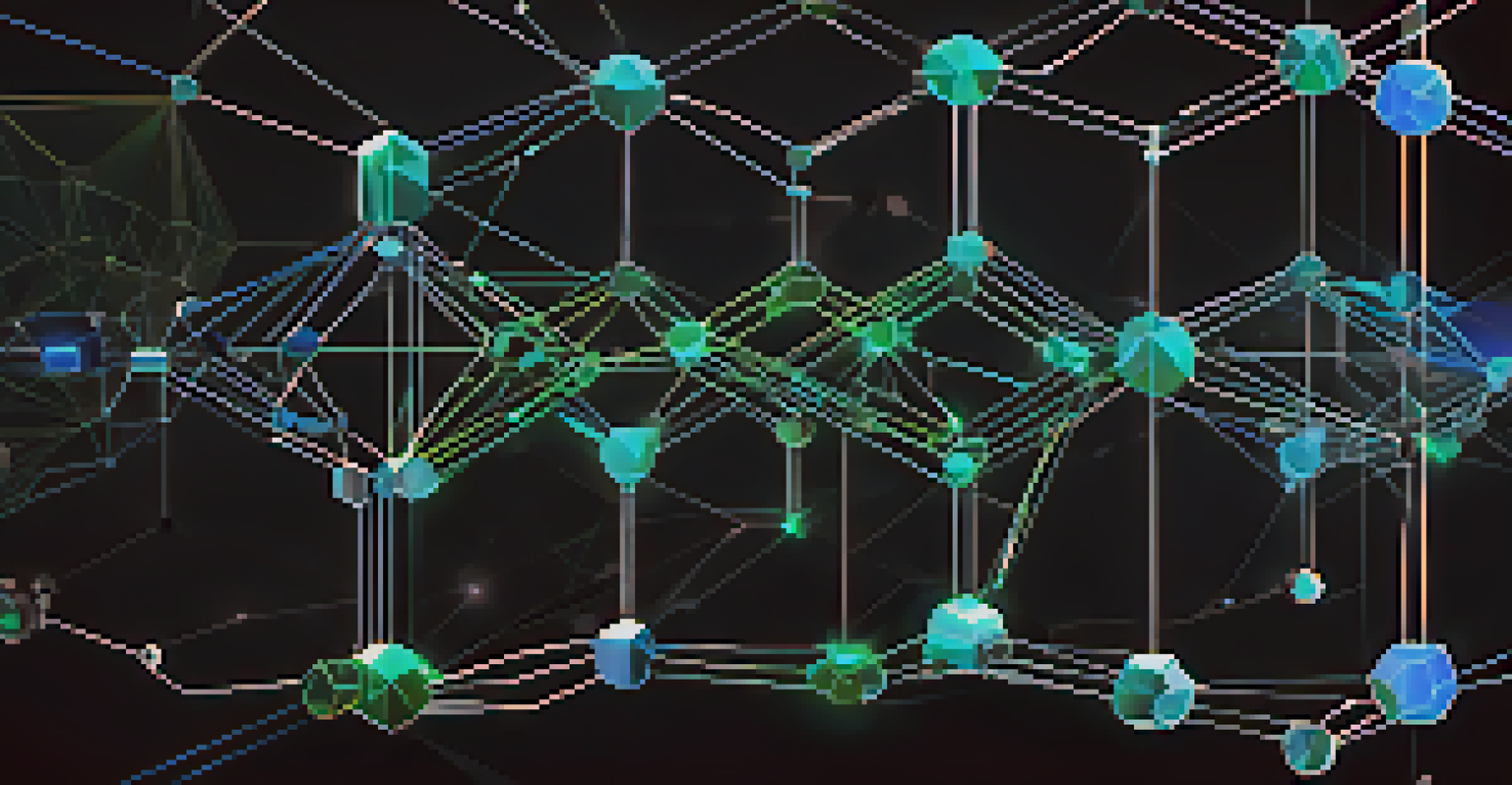 An abstract representation of blockchain technology with interconnected digital nodes and chains glowing in blue and green.