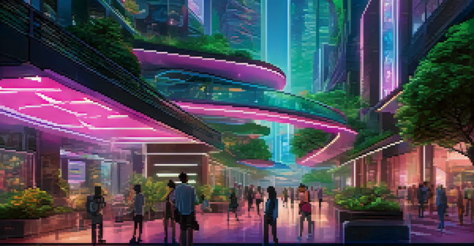 A futuristic city with people using digital technology in a decentralized insurance environment, illuminated by neon lights and surrounded by greenery.