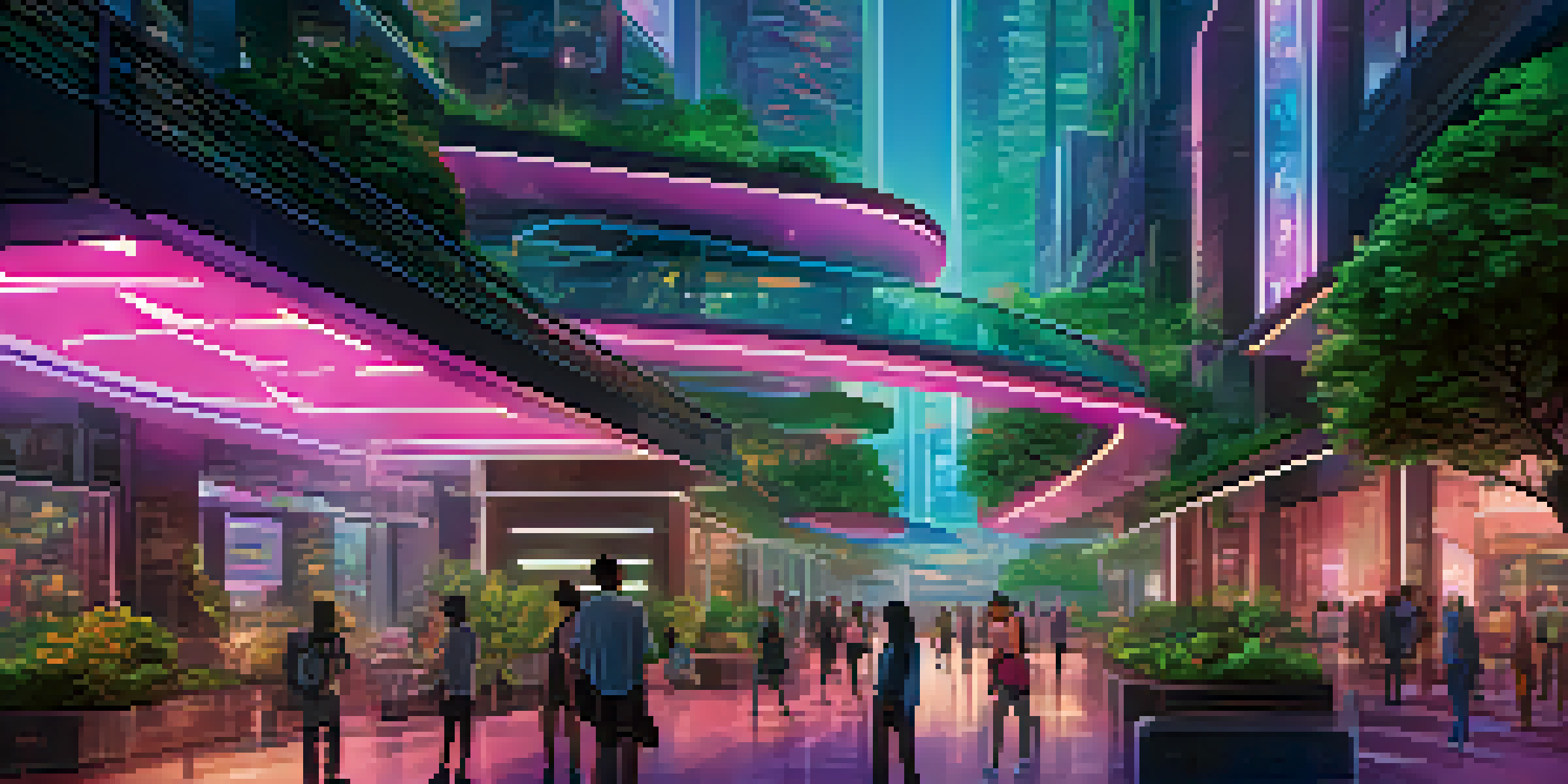 A futuristic city with people using digital technology in a decentralized insurance environment, illuminated by neon lights and surrounded by greenery.