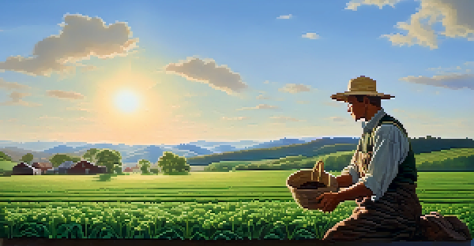 A farmer planting seeds in a vibrant green field under a clear blue sky, with sunlight illuminating the scene.