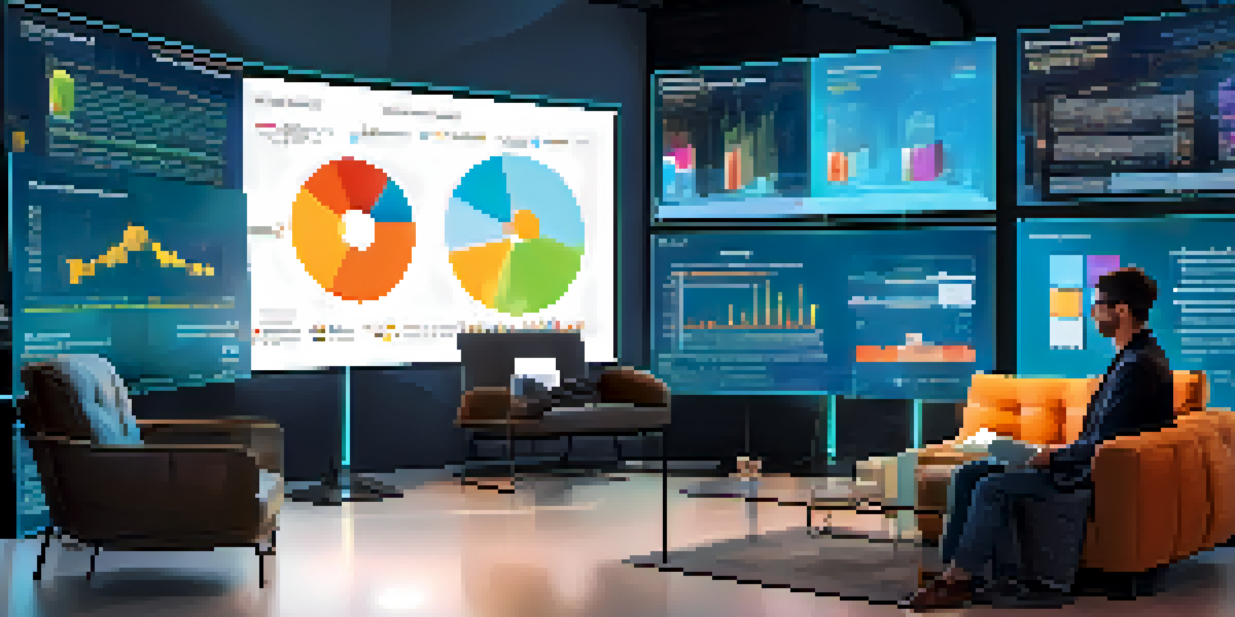 A marketing expert reviewing blockchain technology visuals on a large screen in a modern office, representing transparency and security in digital marketing.
