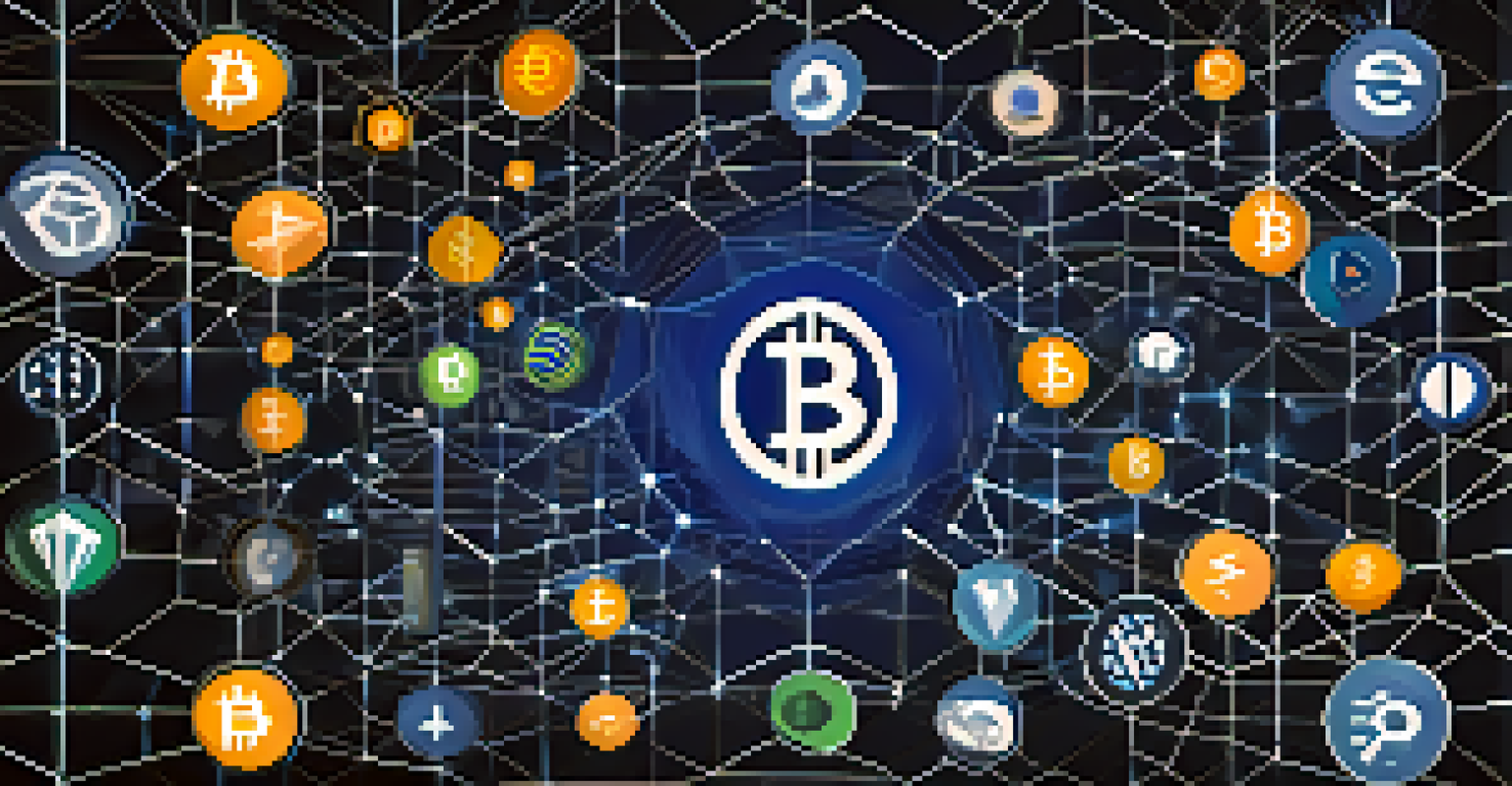 Floating cryptocurrency logos in a digital space with interconnected lines, set against a glowing blue background.