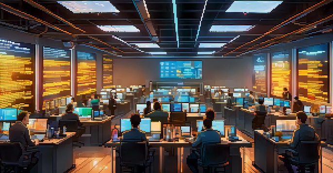 A lively cryptocurrency trading floor with traders focusing on digital screens displaying market trends and charts.