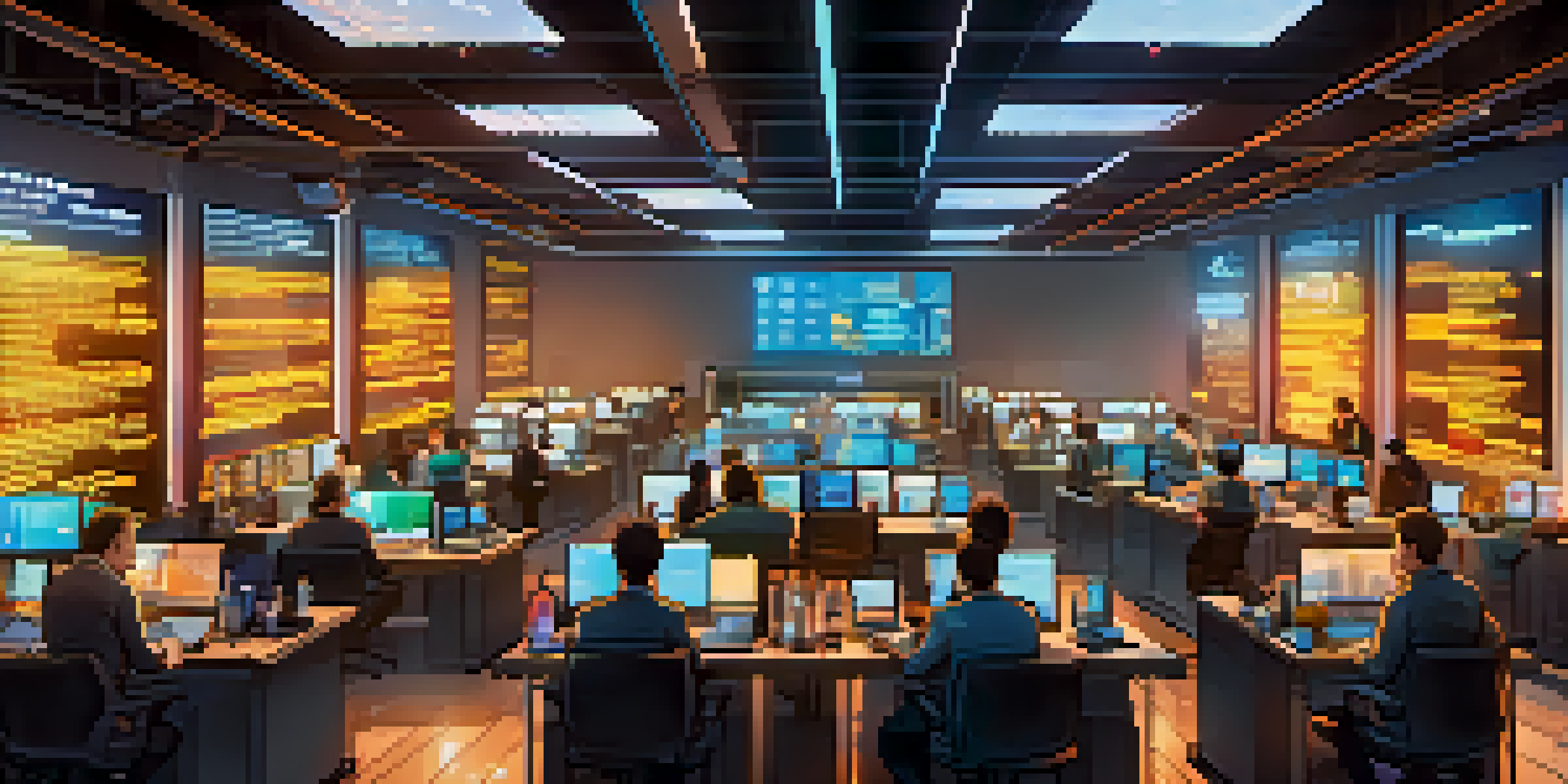 A lively cryptocurrency trading floor with traders focusing on digital screens displaying market trends and charts.