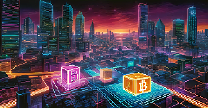 An artistic depiction of interconnected blockchain chains with cryptocurrency symbols in a futuristic city setting, illuminated by neon lights.
