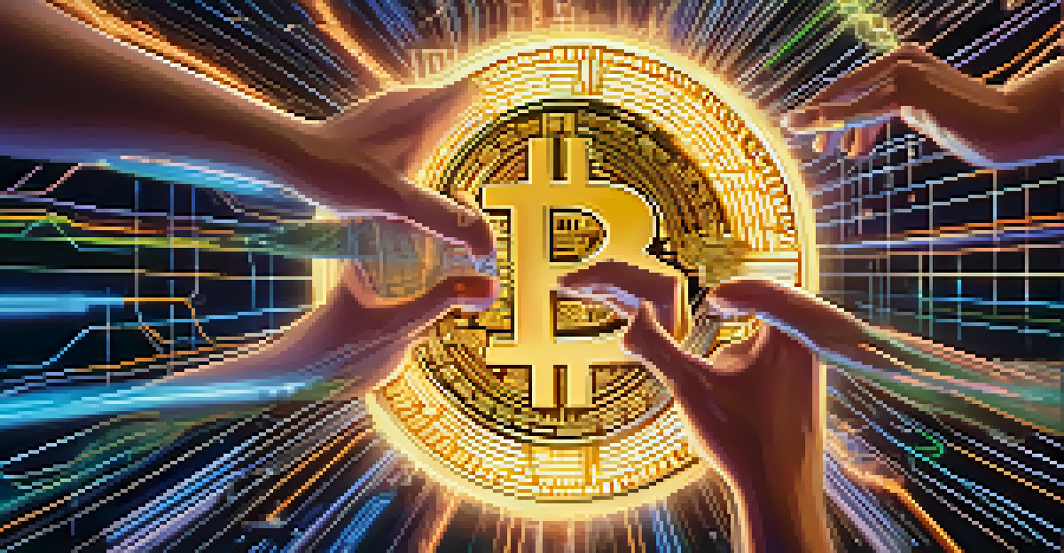 An illustration of two hands exchanging glowing tokens, symbolizing atomic swaps between blockchains, with a digital pattern background.
