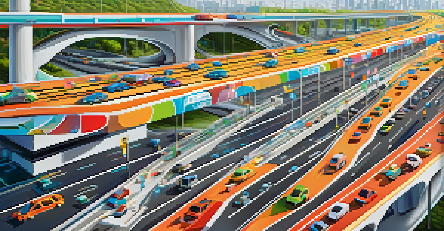 An illustration of a busy highway representing Layer 1 blockchain transactions, with express lanes as Layer 2 solutions, showcasing vibrant colors and movement.